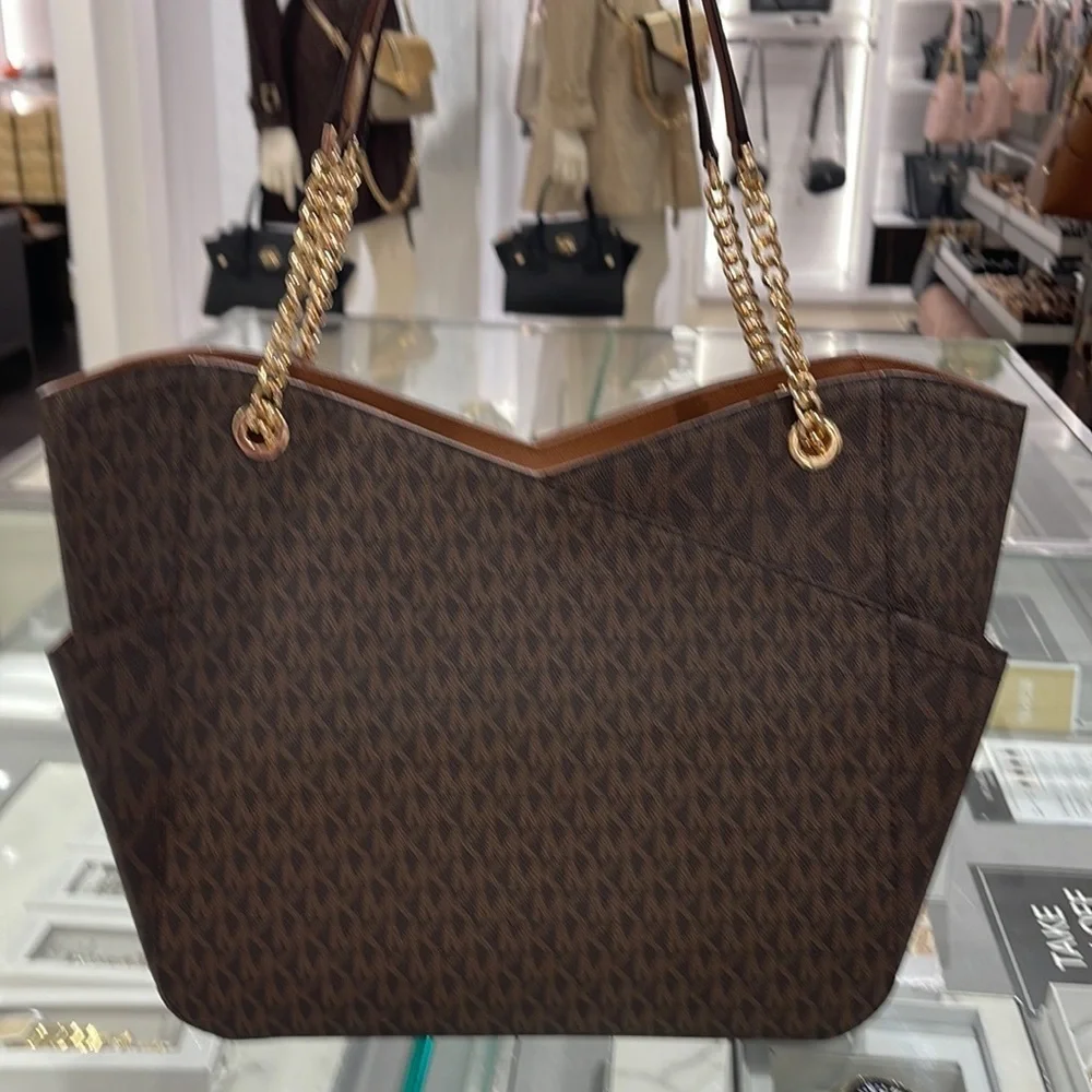Michael Kors Jet Set Travel Large Chained Tote Shoulder Bag MK Brown NWT